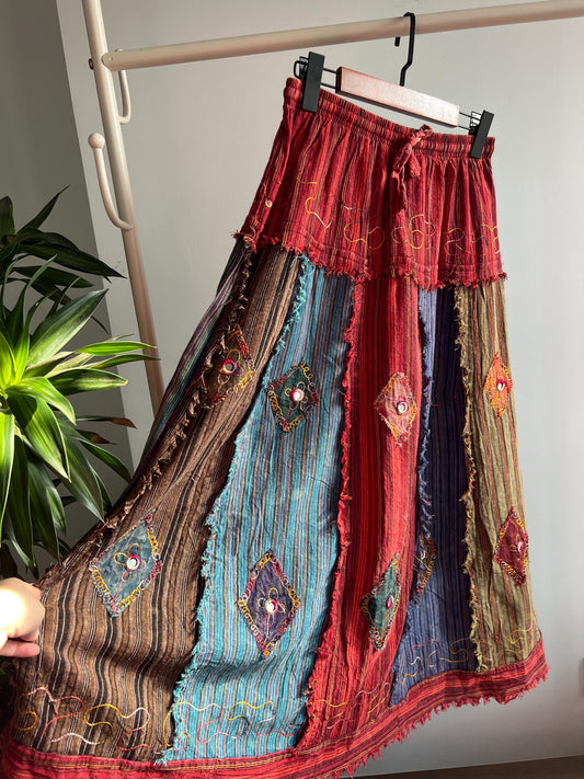 Boho Patchwork Midi Skirt, Hand Embroidered Beads Sequins, Raw Hem Cotton Festival Skirt