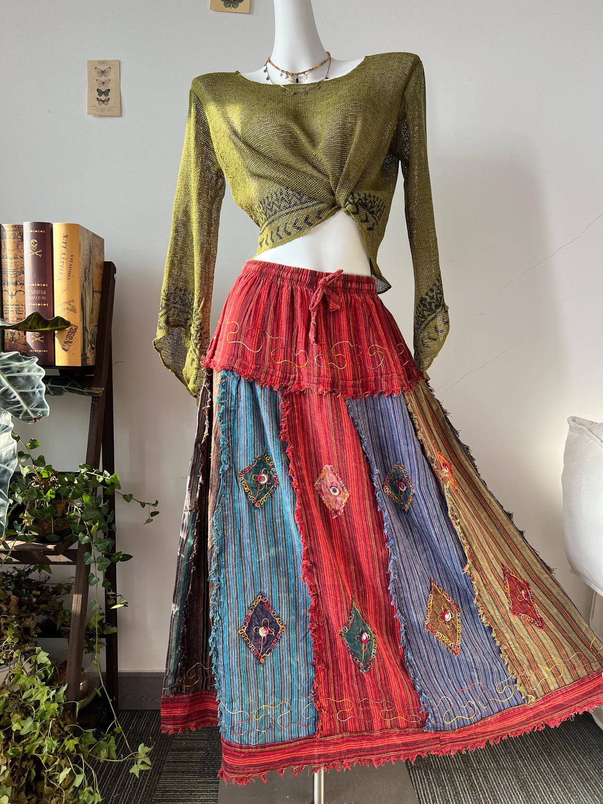 Boho Patchwork Midi Skirt, Hand Embroidered Beads Sequins, Raw Hem Cotton Festival Skirt