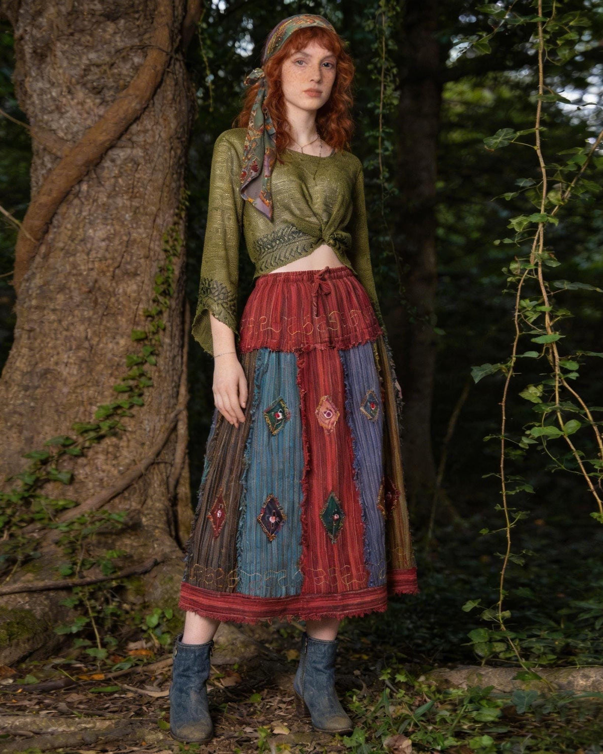 Boho Patchwork Midi Skirt, Hand Embroidered Beads Sequins, Raw Hem Cotton Festival Skirt