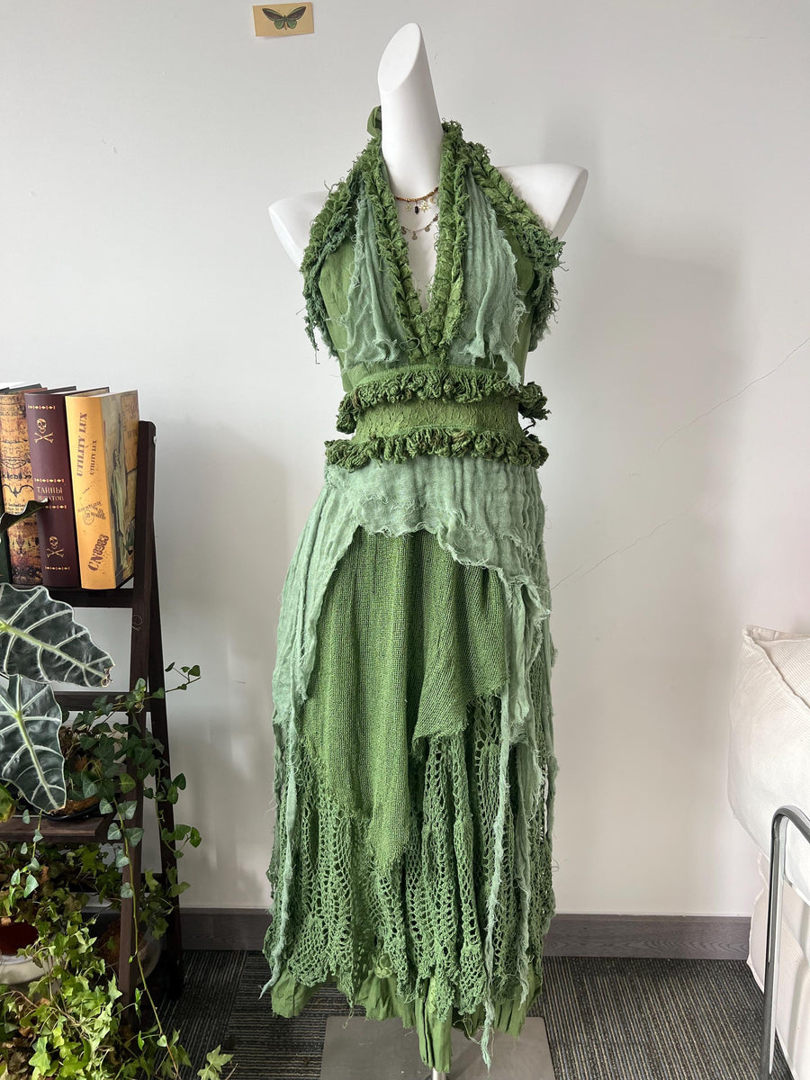 Renaissance Style Hand-Tiered Maxi Dress-Vintage Artisan Dress with Layered Ruffles and LaceHandmade Boho Dress for Festivals