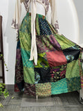 Boho Chic Patchwork Skirt, Handmade Cotton Maxi Skirt, Purple Blue Floral Midi Skirt with Crochet Sleeves