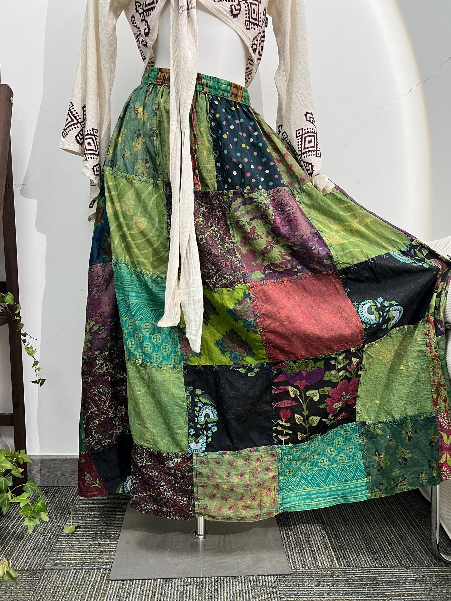Boho Chic Patchwork Skirt, Handmade Cotton Maxi Skirt, Purple Blue Floral Midi Skirt with Crochet Sleeves