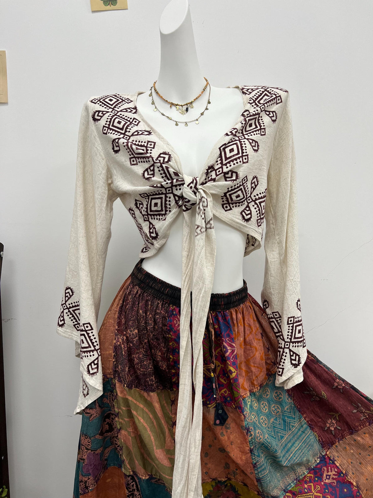 Hand Block Printed Linen Blouse, Boho Flared Sleeve Top, Artisan Made Summer Clothing