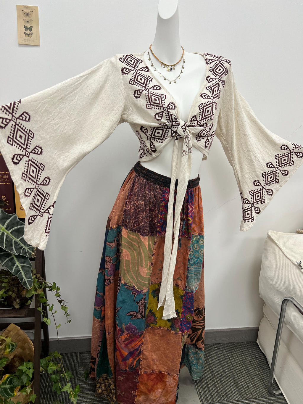 Hand Block Printed Linen Blouse, Boho Flared Sleeve Top, Artisan Made Summer Clothing