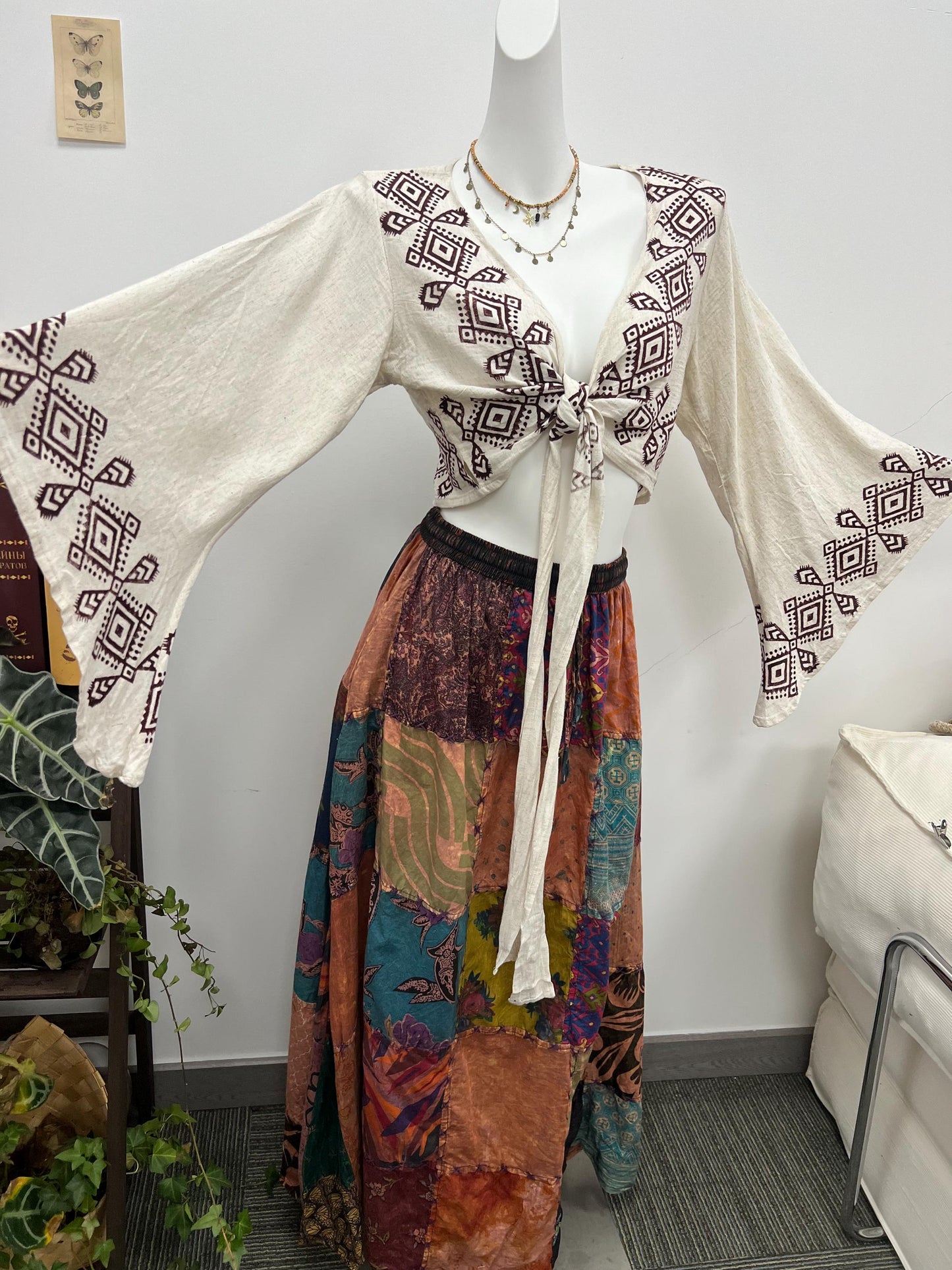 Hand Block Printed Linen Blouse, Boho Flared Sleeve Top, Artisan Made Summer Clothing