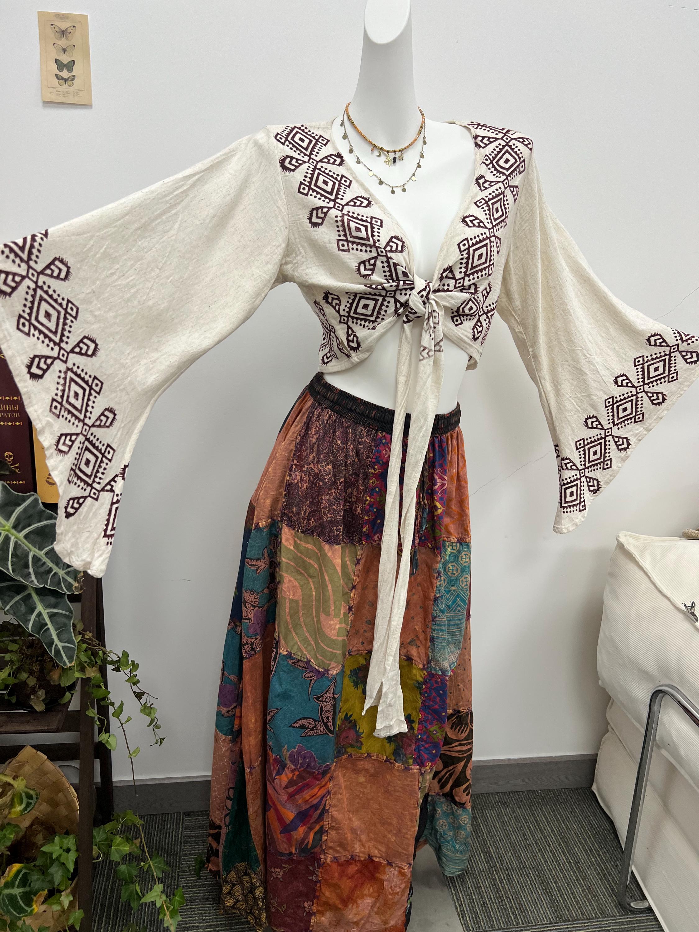 Hand Block Printed Linen Blouse, Boho Flared Sleeve Top, Artisan Made Summer Clothing