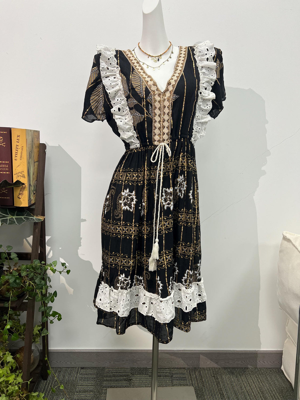 Black Boho Dress, Gold Embroidery, Lace Trim, Smocked Waist Cotton Dress