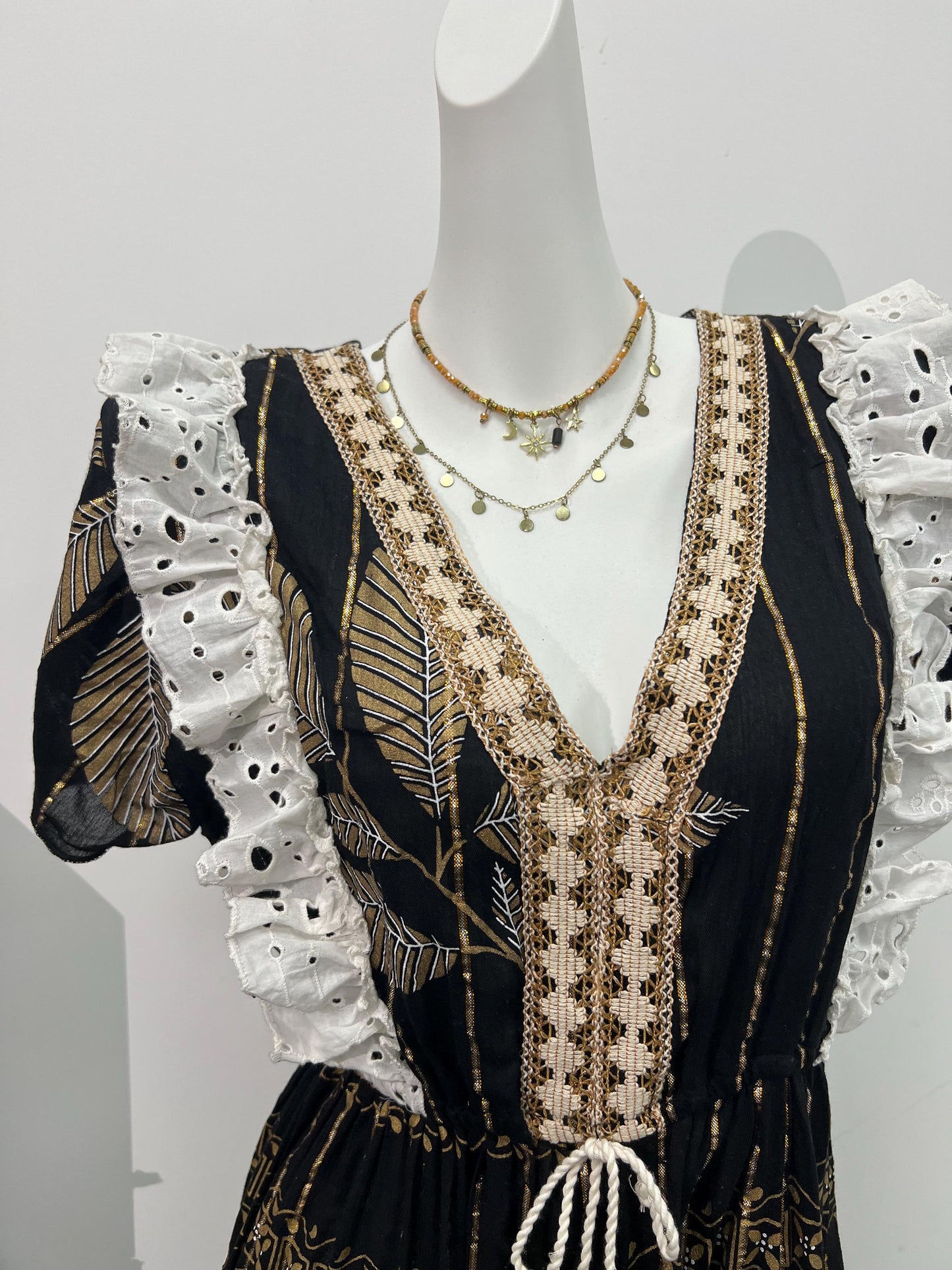 Black Boho Dress, Gold Embroidery, Lace Trim, Smocked Waist Cotton Dress