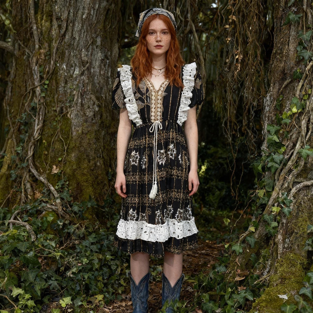 Black Boho Dress, Gold Embroidery, Lace Trim, Smocked Waist Cotton Dress