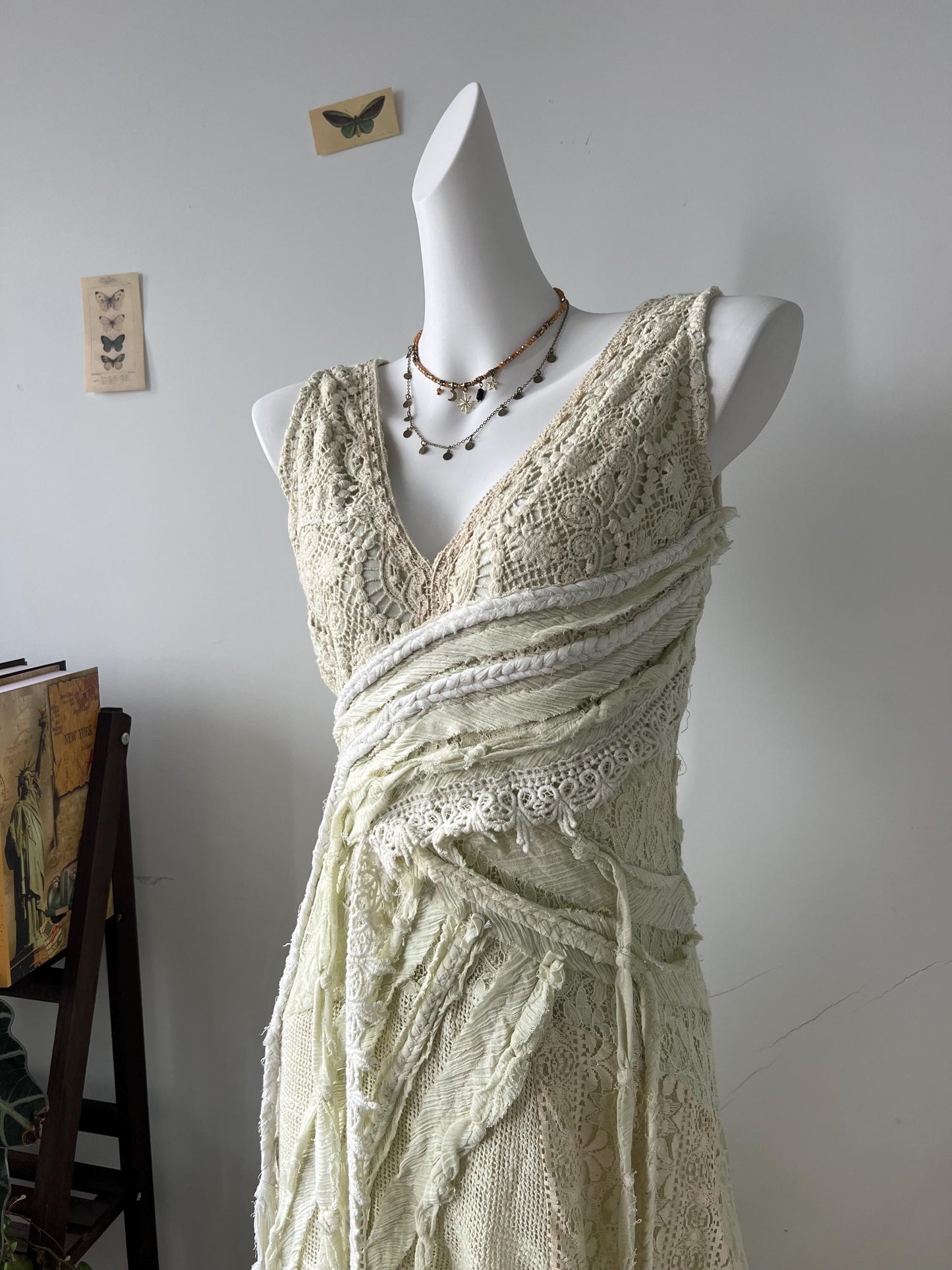 Boho Hand Knitted Dress, Patchwork Lace Fringe Asymmetric Midi Dress, Lace Splicing, Irregular Hem Beach Wedding Dress, Summer Dress