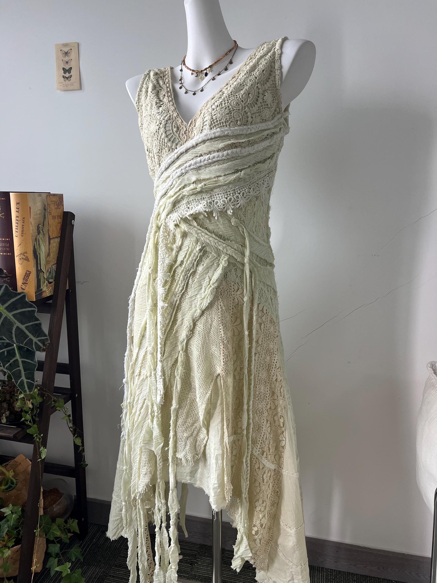 Boho Hand Knitted Dress, Patchwork Lace Fringe Asymmetric Midi Dress, Lace Splicing, Irregular Hem Beach Wedding Dress, Summer Dress