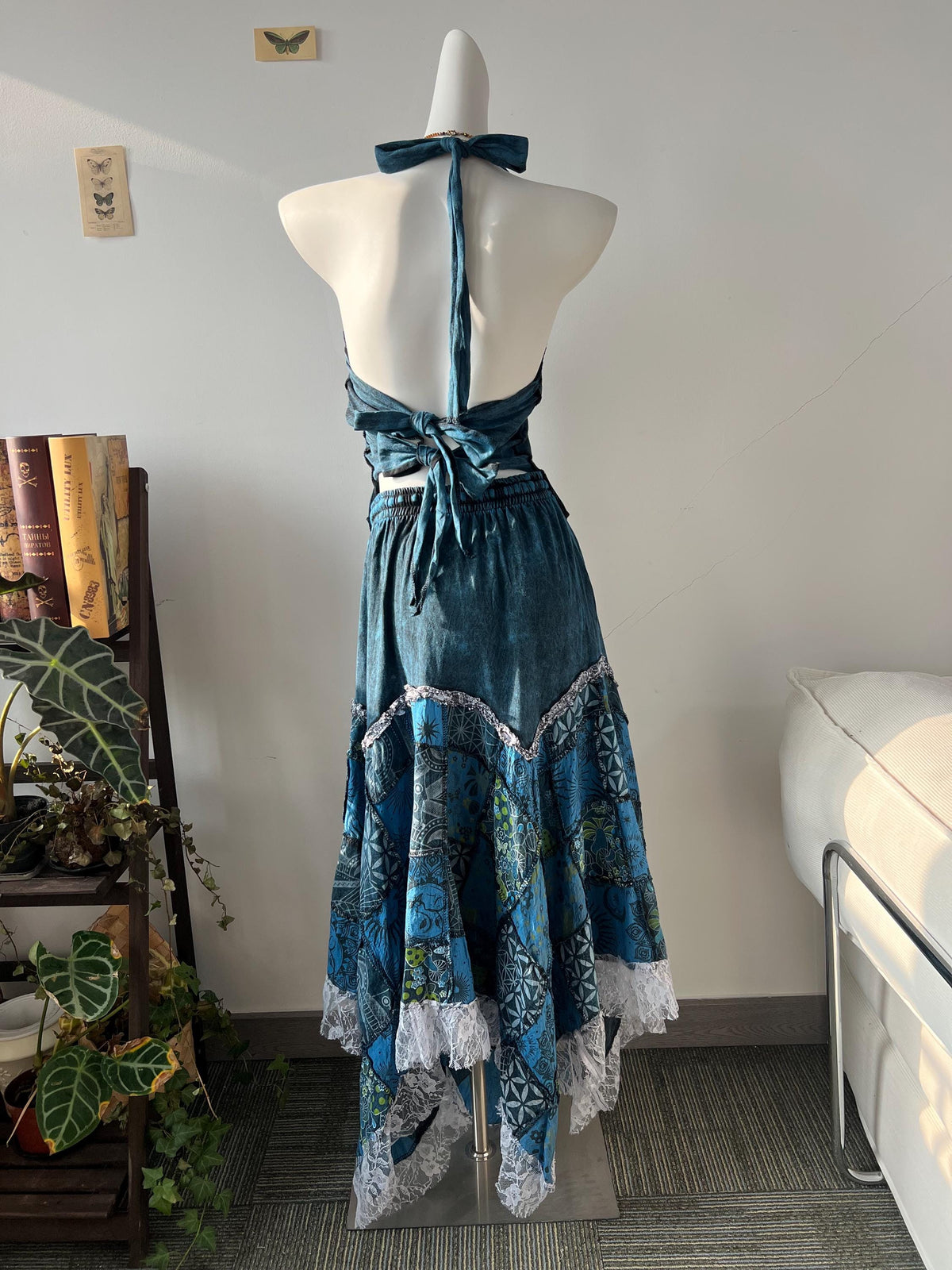 Plant Dyed Patchwork Maxi Dress, Asymmetric Boho Two Piece Outfit, Embroidered Lace Trim