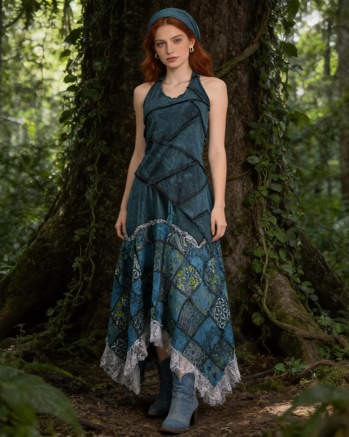 Plant Dyed Patchwork Maxi Dress, Asymmetric Boho Two Piece Outfit, Embroidered Lace Trim