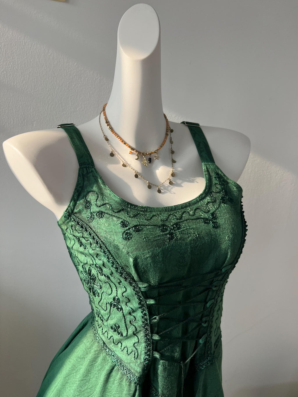 Plant Dyed Asymmetrical Maxi Dress | Corset Front Tie, Shirred Back, Boho Embroidery