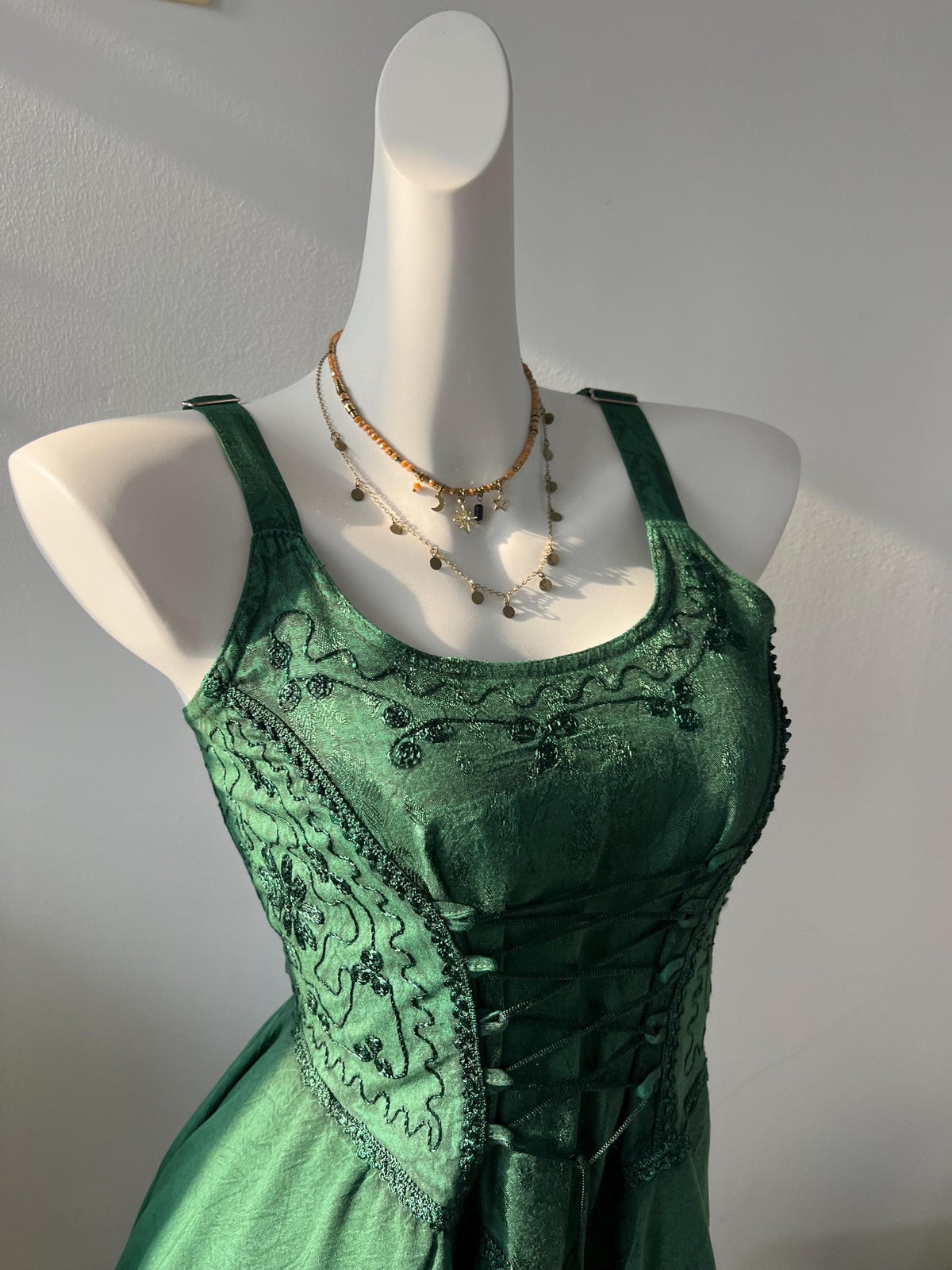 Plant Dyed Asymmetrical Maxi Dress | Corset Front Tie, Shirred Back, Boho Embroidery