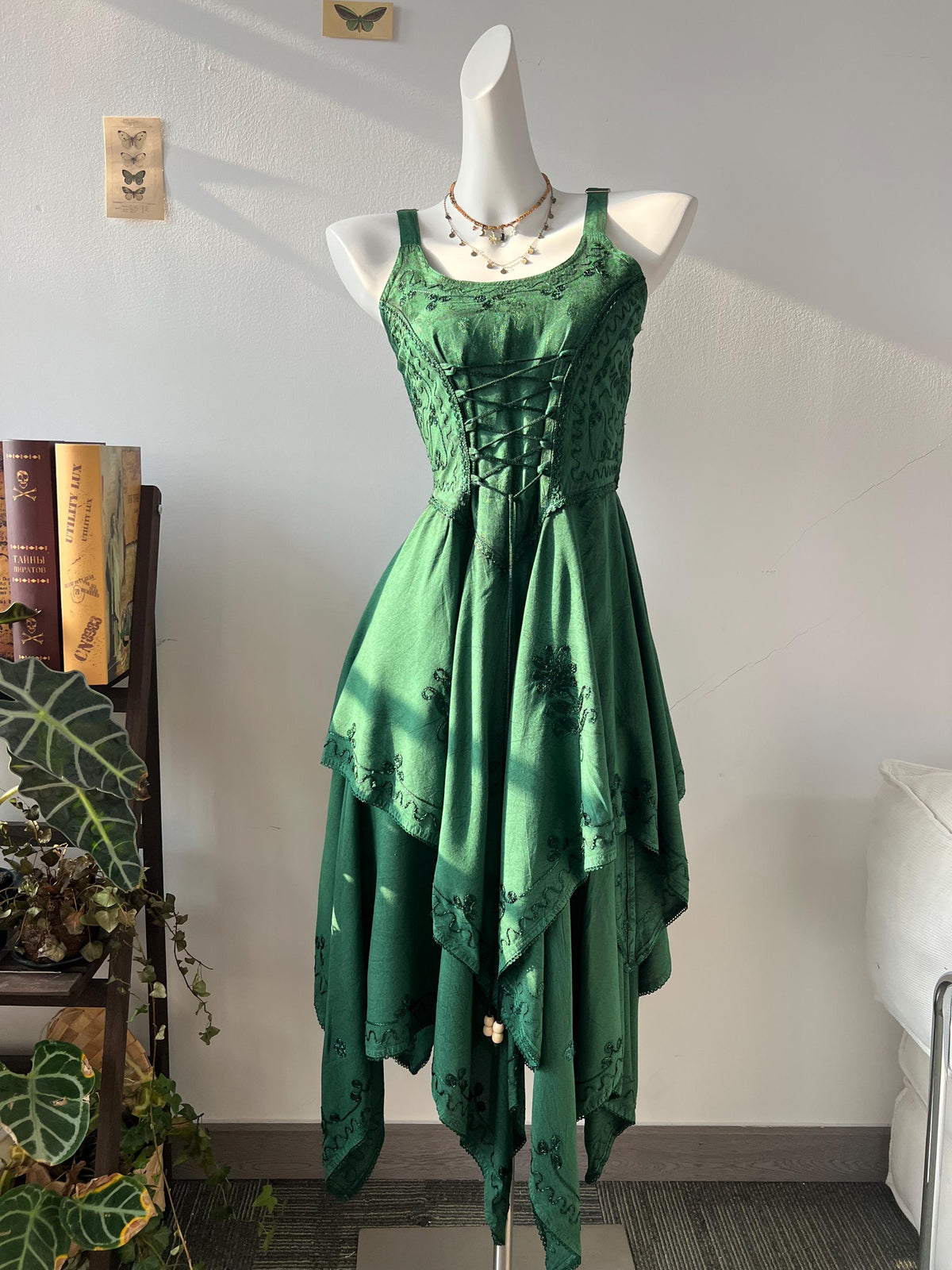 Plant Dyed Asymmetrical Maxi Dress | Corset Front Tie, Shirred Back, Boho Embroidery