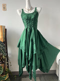 Plant Dyed Asymmetrical Maxi Dress | Corset Front Tie, Shirred Back, Boho Embroidery