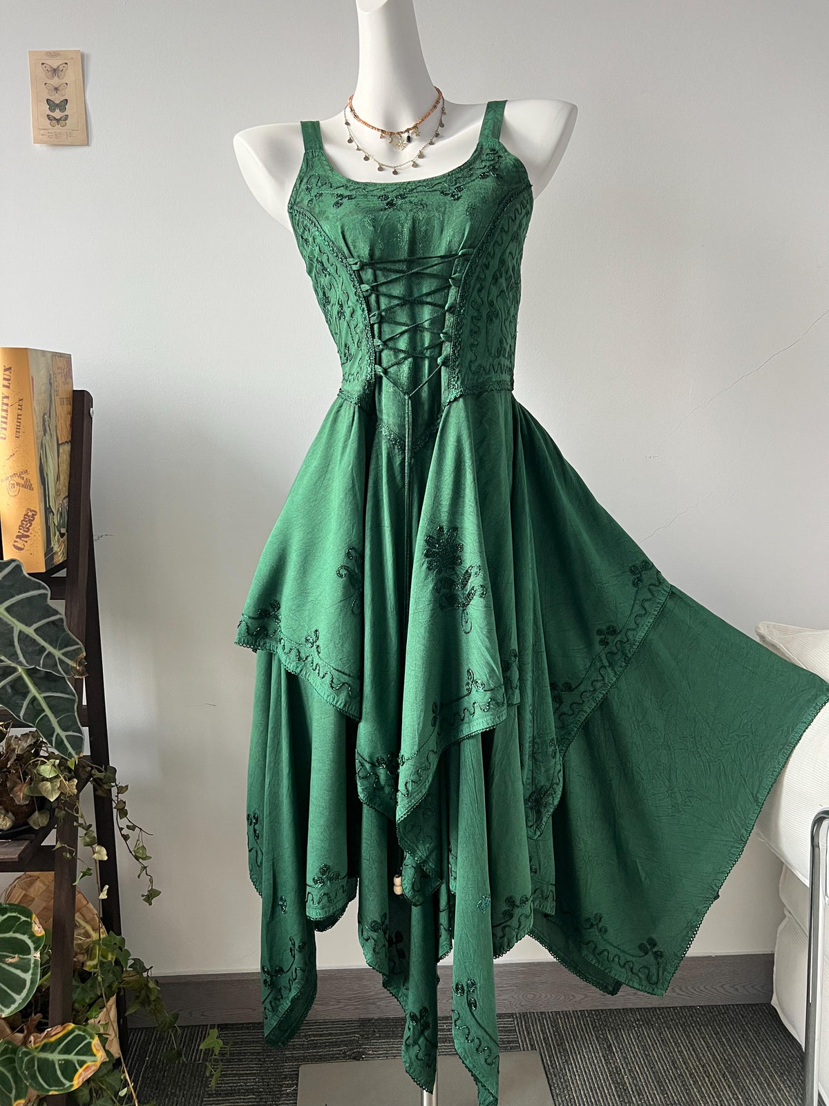 Plant Dyed Asymmetrical Maxi Dress | Corset Front Tie, Shirred Back, Boho Embroidery