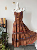 Brown Embroidered Maxi Dress, Blue Red Floral Tie-Waist Boho Vintage 100% Viscose
