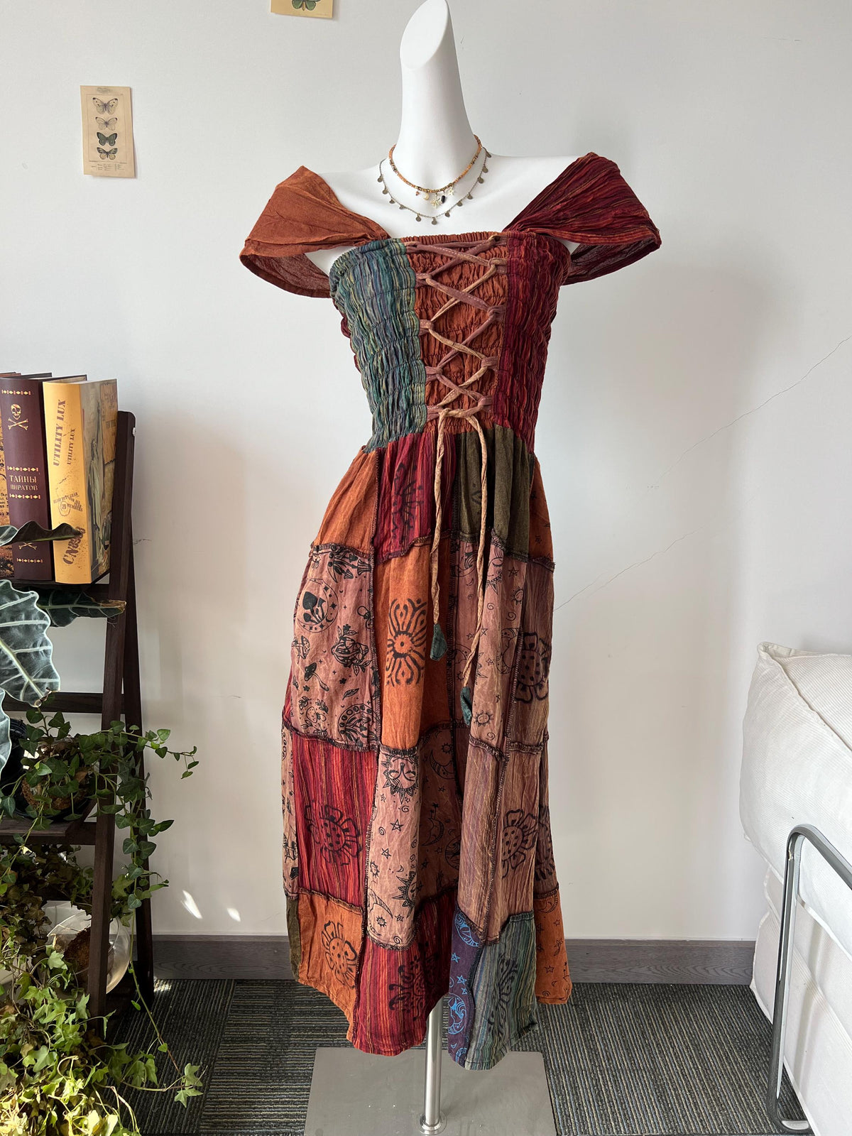 Patchwork Maxi Dress, Smocked Waist, Tie Front, Festival Boho Style