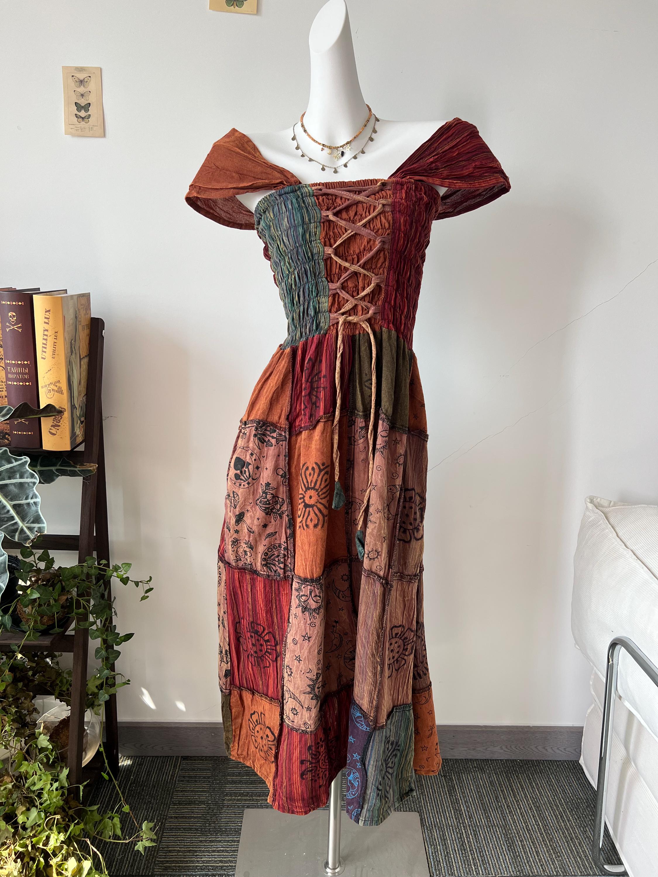 Patchwork Maxi Dress, Smocked Waist, Tie Front, Festival Boho Style
