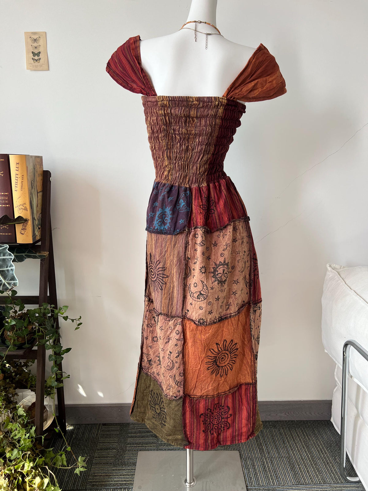 Patchwork Maxi Dress, Smocked Waist, Tie Front, Festival Boho Style