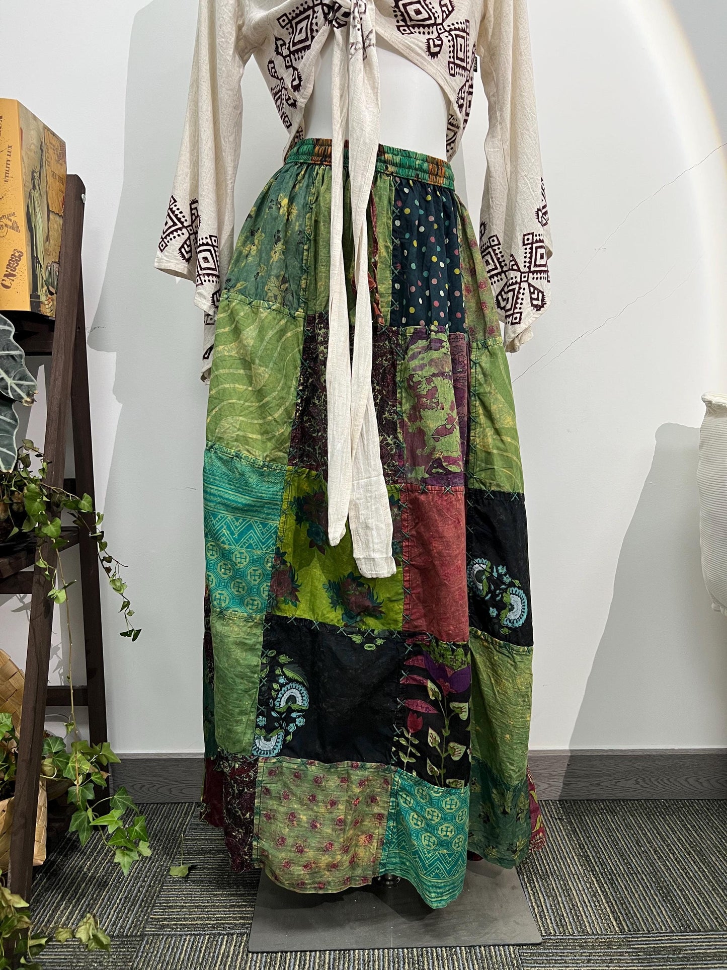 Boho Chic Patchwork Skirt, Handmade Cotton Maxi Skirt, Purple Blue Floral Midi Skirt with Crochet Sleeves