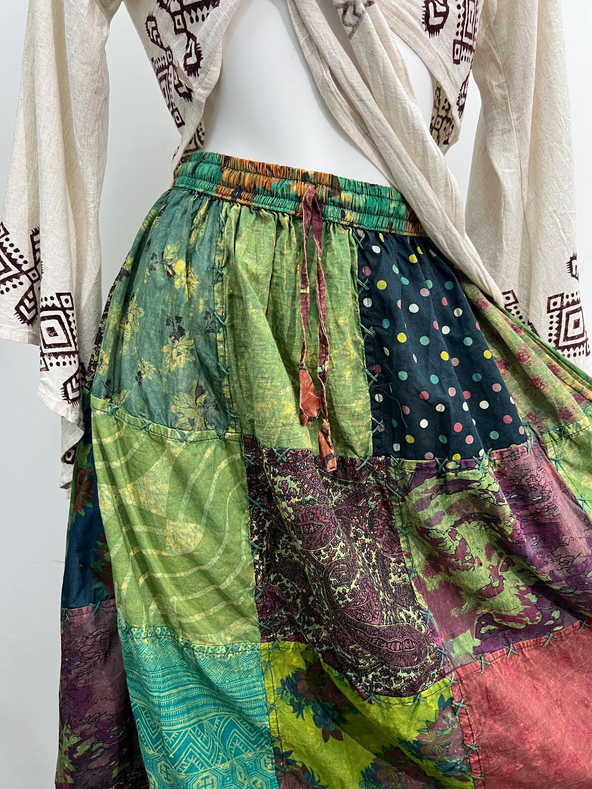 Boho Chic Patchwork Skirt, Handmade Cotton Maxi Skirt, Purple Blue Floral Midi Skirt with Crochet Sleeves