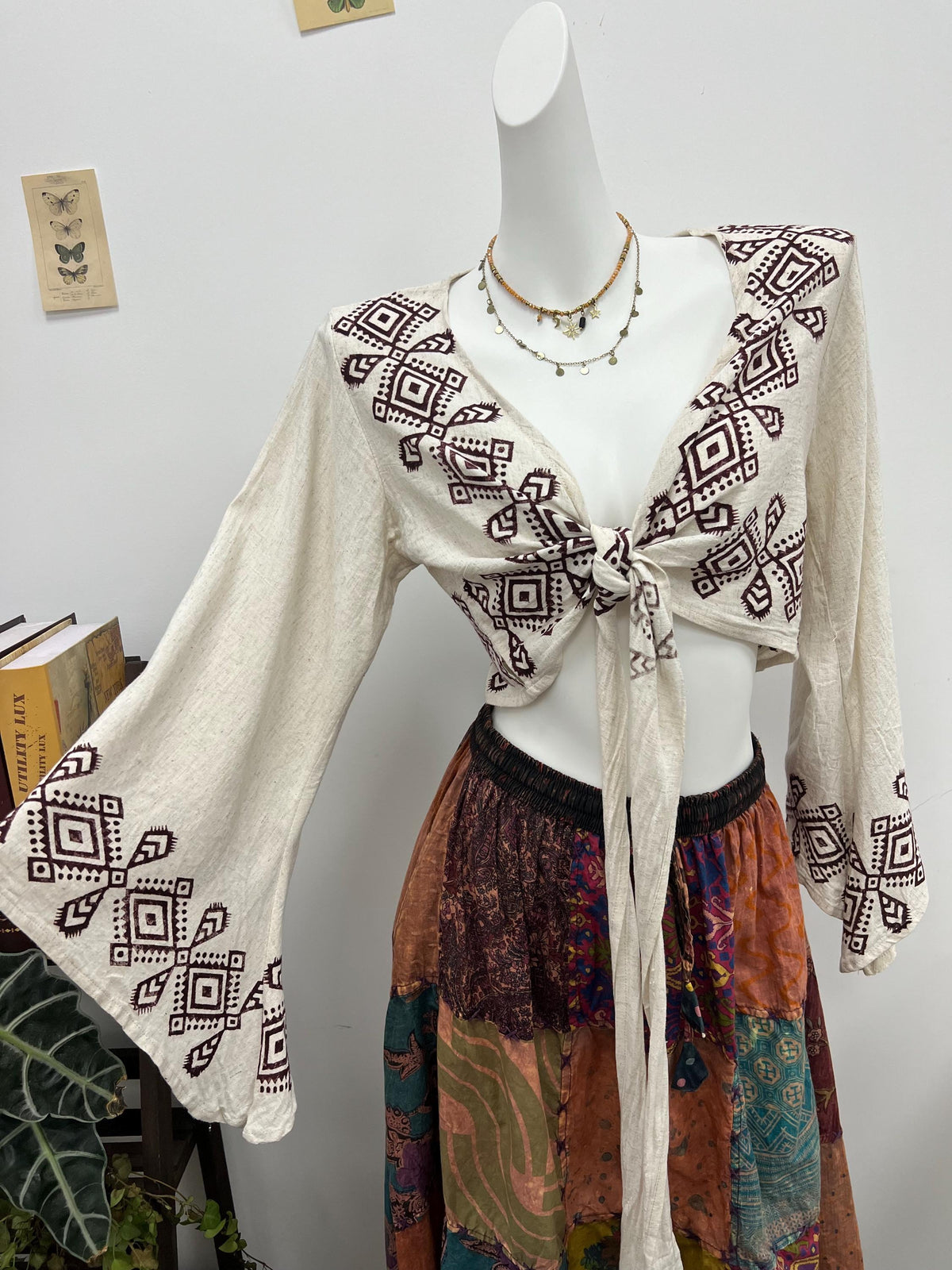 Hand Block Printed Linen Blouse, Boho Flared Sleeve Top, Artisan Made Summer Clothing