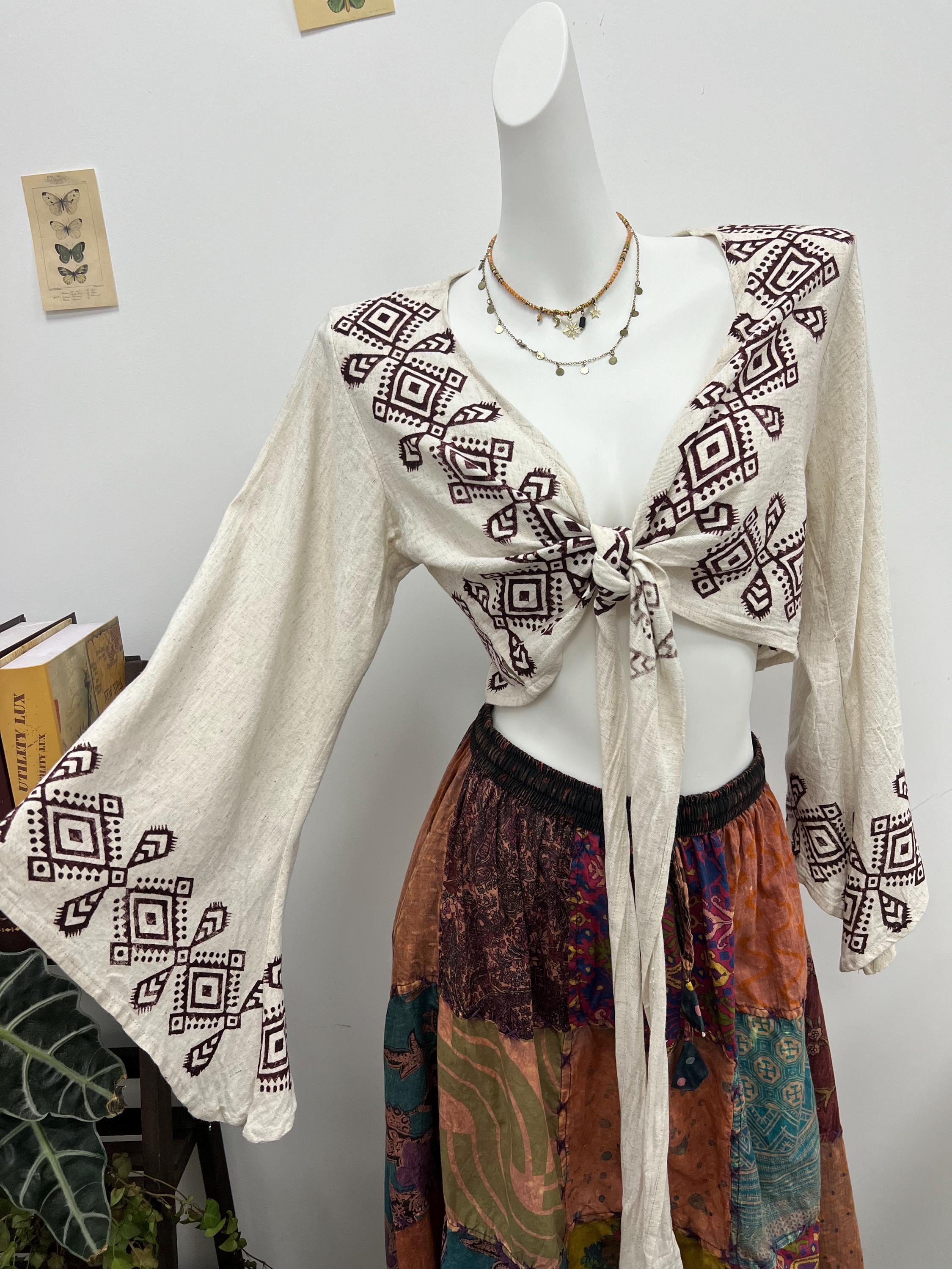Hand Block Printed Linen Blouse, Boho Flared Sleeve Top, Artisan Made Summer Clothing