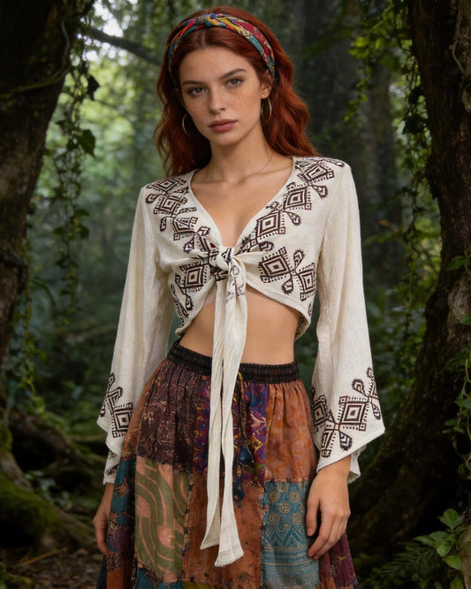 Hand Block Printed Linen Blouse, Boho Flared Sleeve Top, Artisan Made Summer Clothing