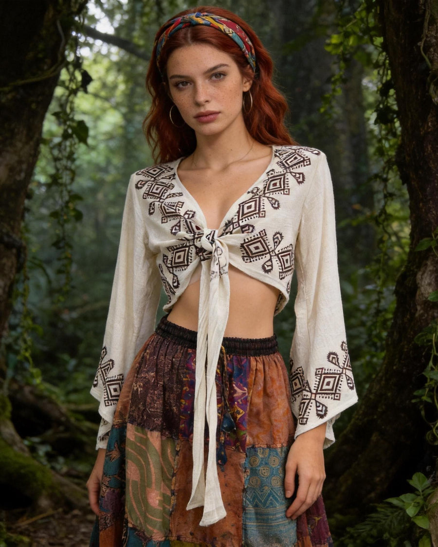 Hand Block Printed Linen Blouse, Boho Flared Sleeve Top, Artisan Made Summer Clothing