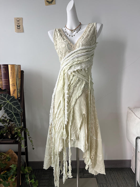 Boho Hand Knitted Dress, Patchwork Lace Fringe Asymmetric Midi Dress, Lace Splicing, Irregular Hem Beach Wedding Dress, Summer Dress