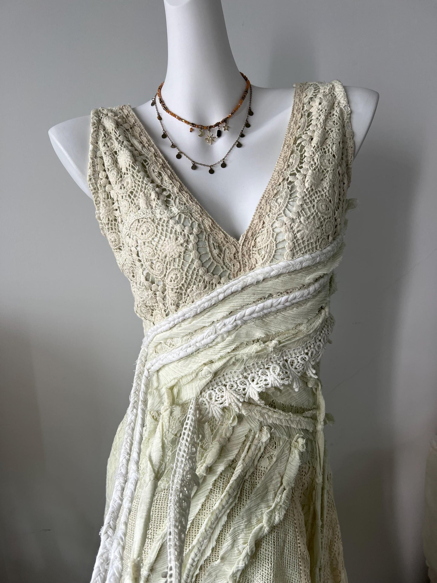 Boho Hand Knitted Dress, Patchwork Lace Fringe Asymmetric Midi Dress, Lace Splicing, Irregular Hem Beach Wedding Dress, Summer Dress