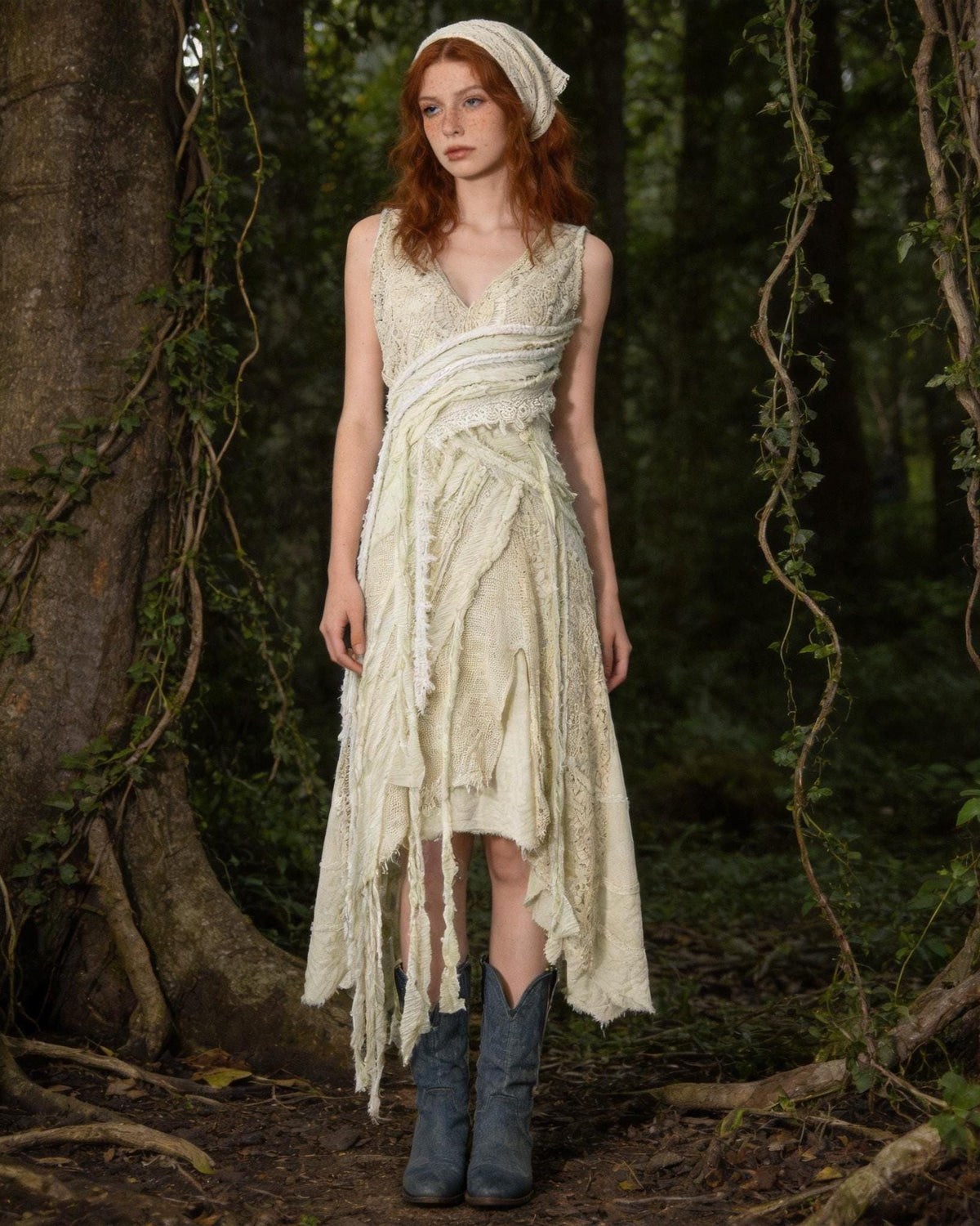 Boho Hand Knitted Dress, Patchwork Lace Fringe Asymmetric Midi Dress, Lace Splicing, Irregular Hem Beach Wedding Dress, Summer Dress