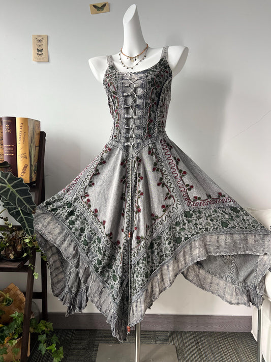 Vintage Embroidered Rayon Maxi Dress – Corset Lace-Up, Asymmetric Hem, Boho Style
