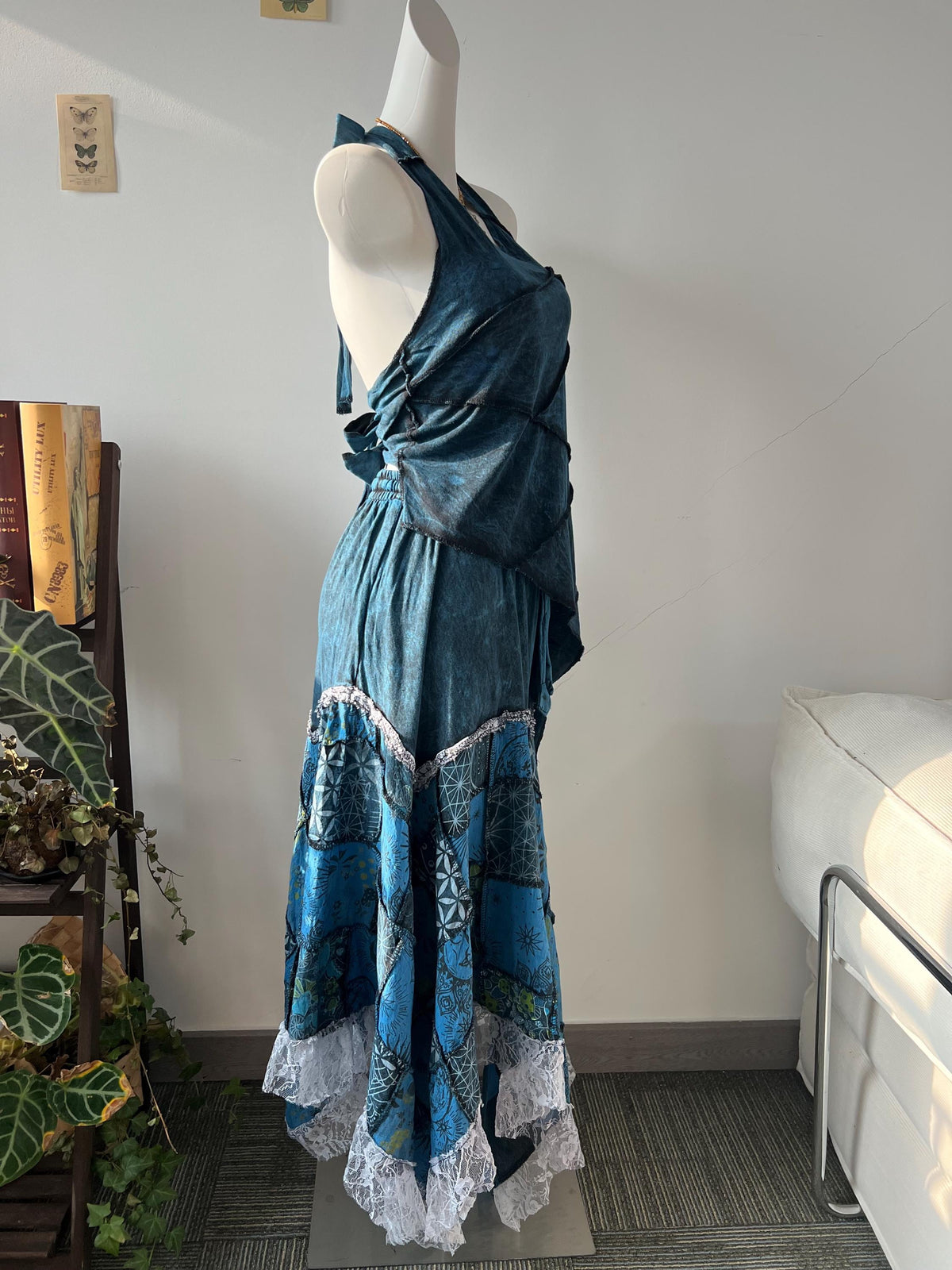 Plant Dyed Patchwork Maxi Dress, Asymmetric Boho Two Piece Outfit, Embroidered Lace Trim
