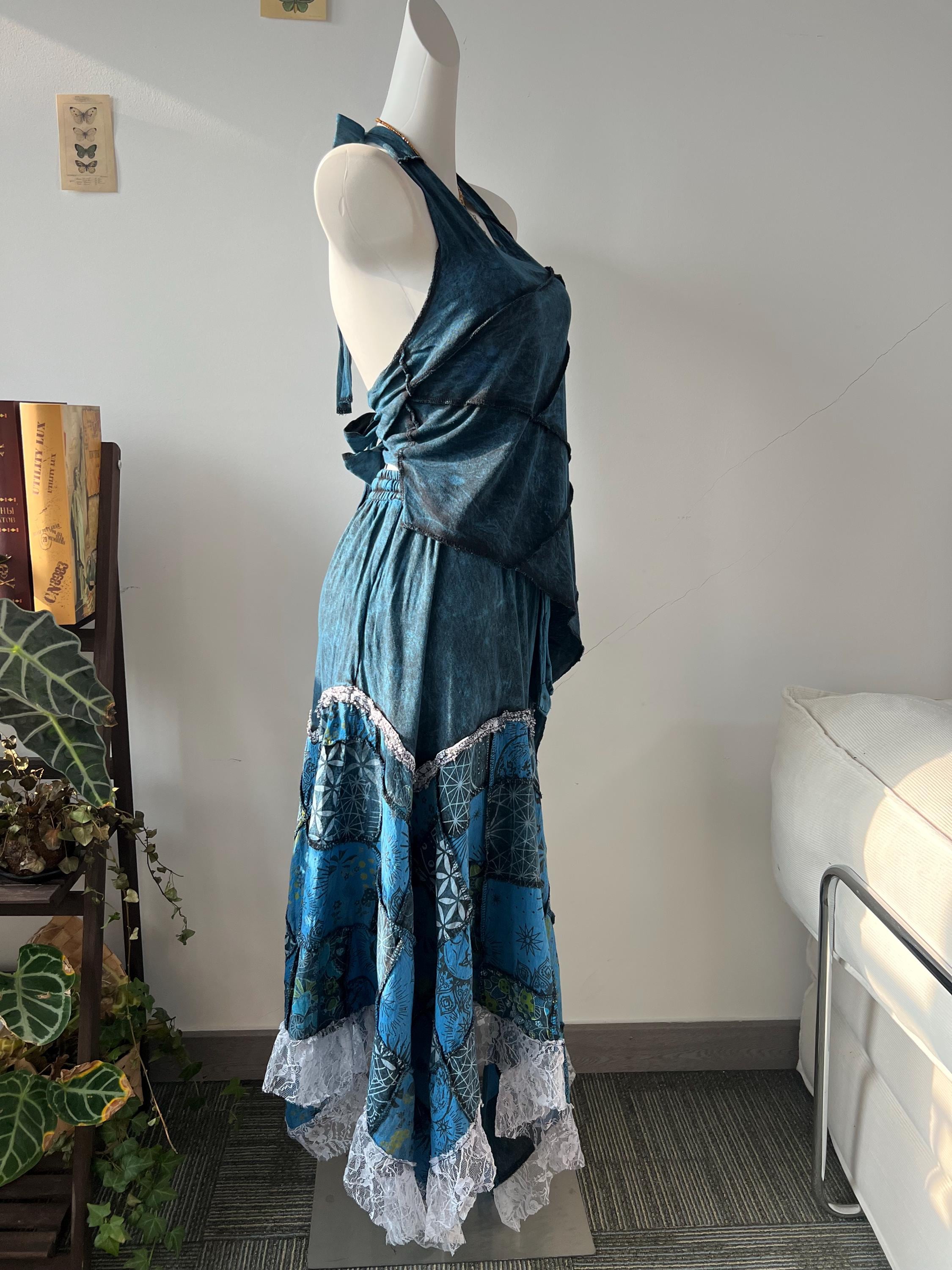 Plant Dyed Patchwork Maxi Dress, Asymmetric Boho Two Piece Outfit, Embroidered Lace Trim