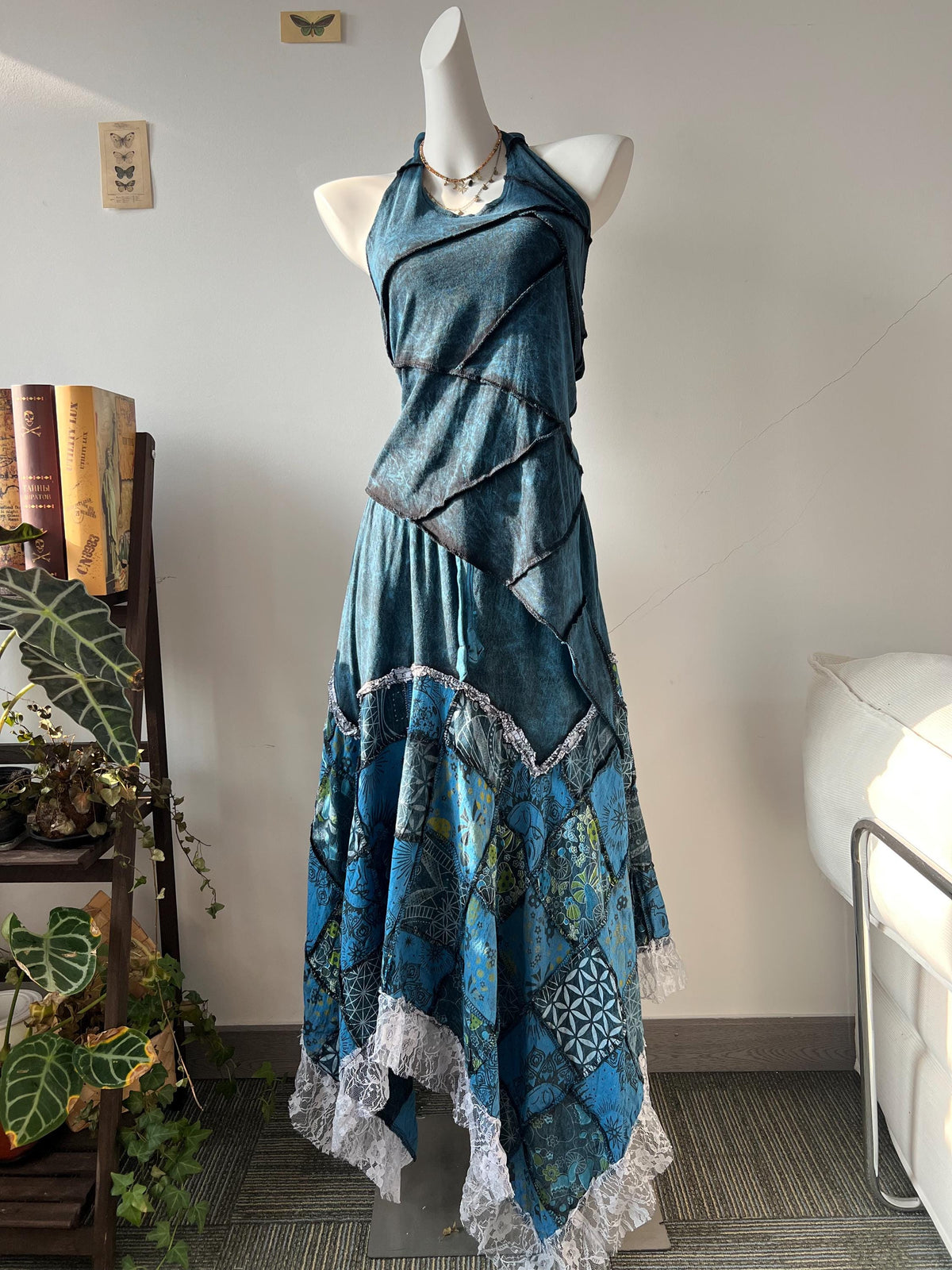 Plant Dyed Patchwork Maxi Dress, Asymmetric Boho Two Piece Outfit, Embroidered Lace Trim