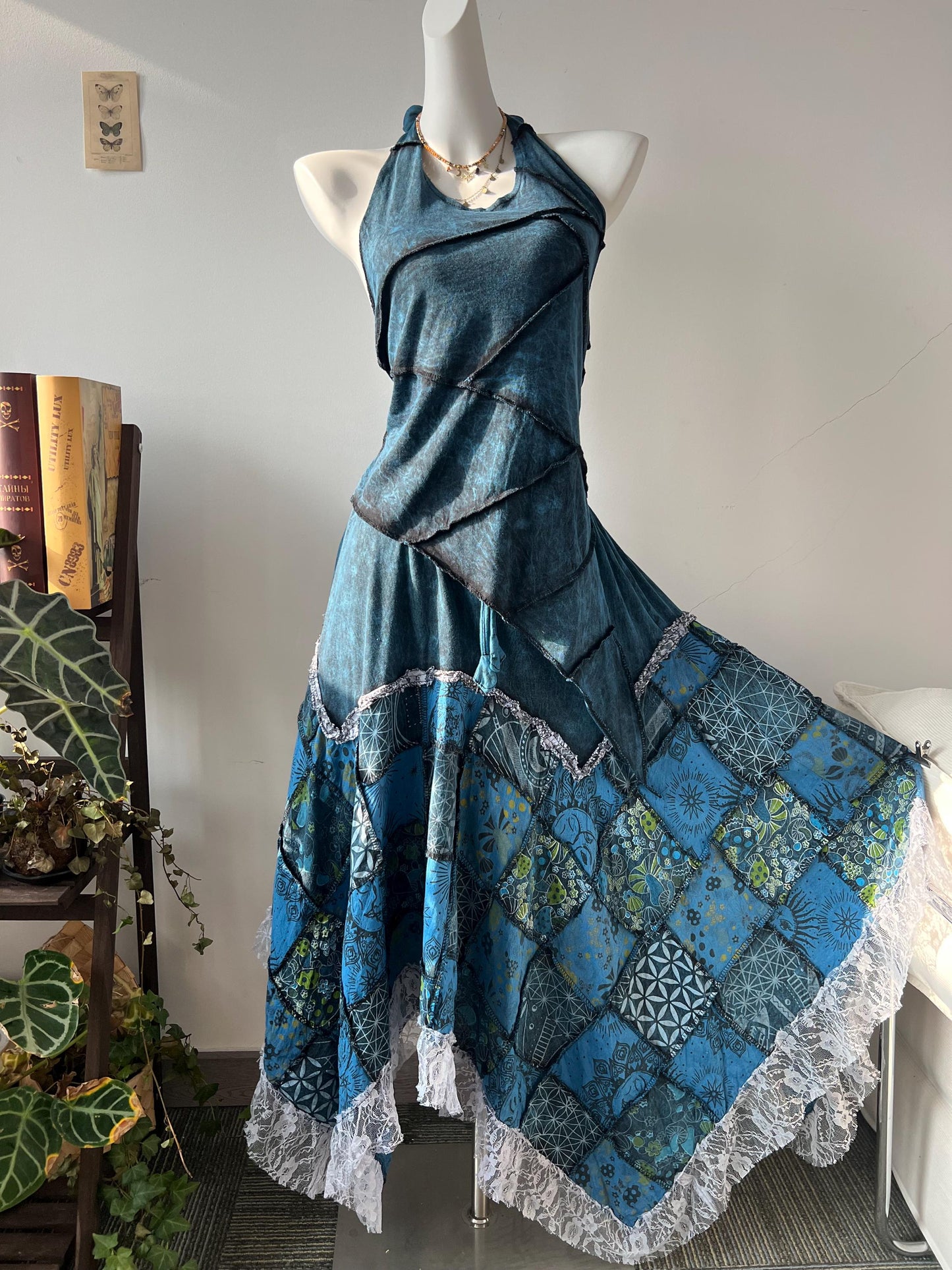 Plant Dyed Patchwork Maxi Dress, Asymmetric Boho Two Piece Outfit, Embroidered Lace Trim