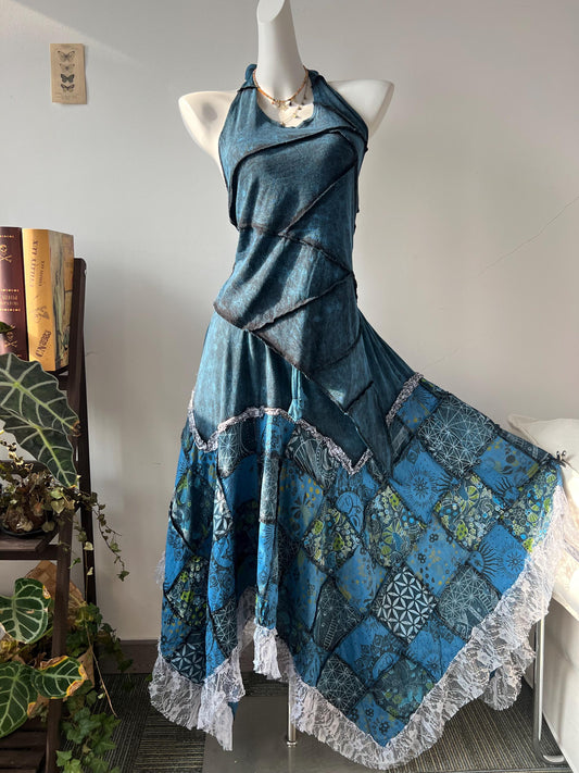 Plant Dyed Patchwork Maxi Dress, Asymmetric Boho Two Piece Outfit, Embroidered Lace Trim