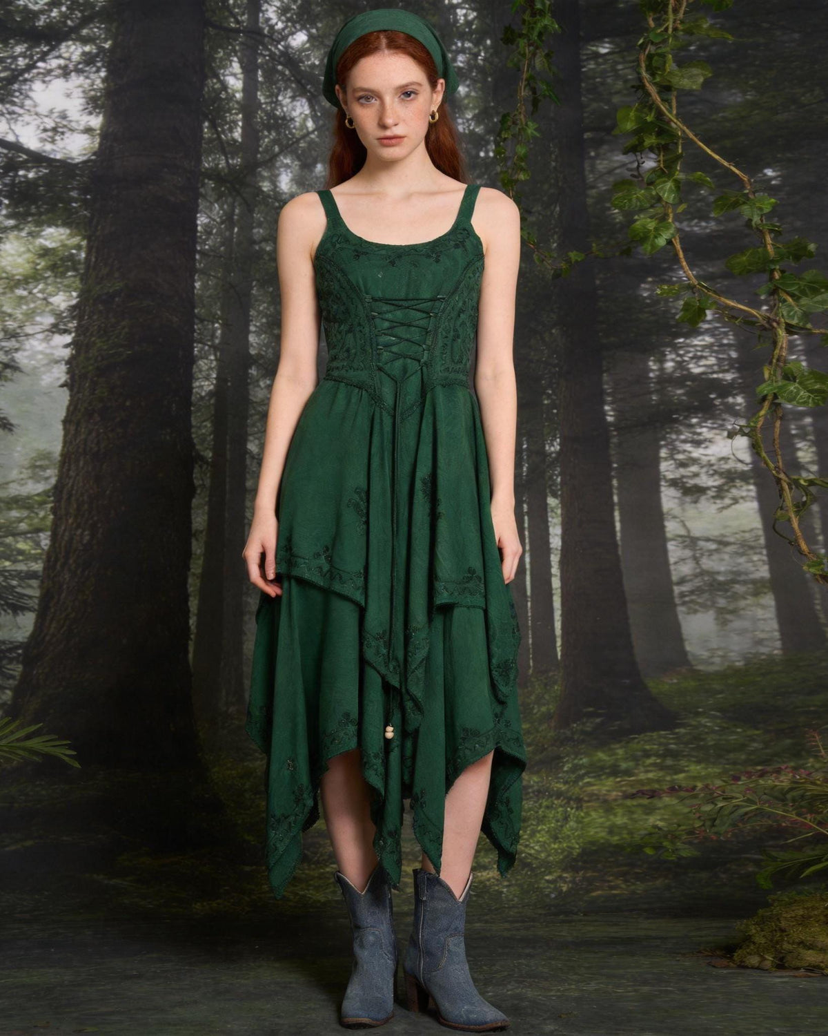 Plant Dyed Asymmetrical Maxi Dress | Corset Front Tie, Shirred Back, Boho Embroidery
