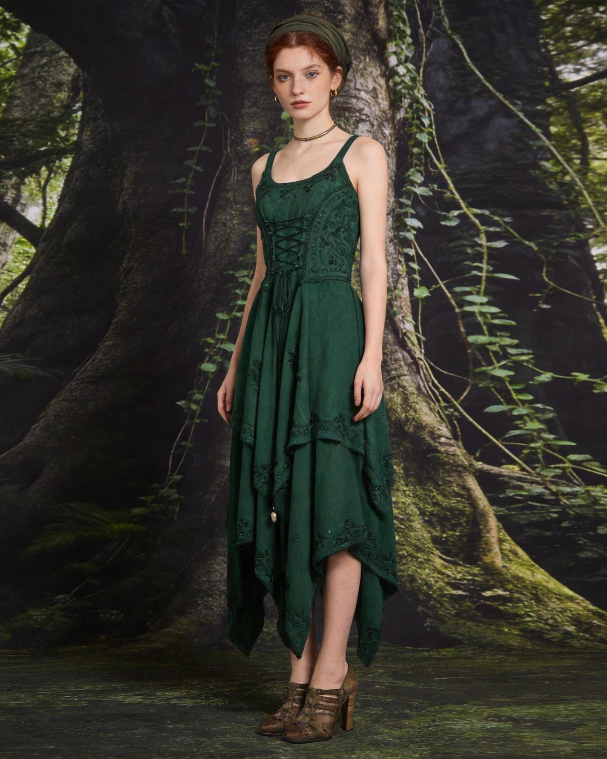 Plant Dyed Asymmetrical Maxi Dress | Corset Front Tie, Shirred Back, Boho Embroidery