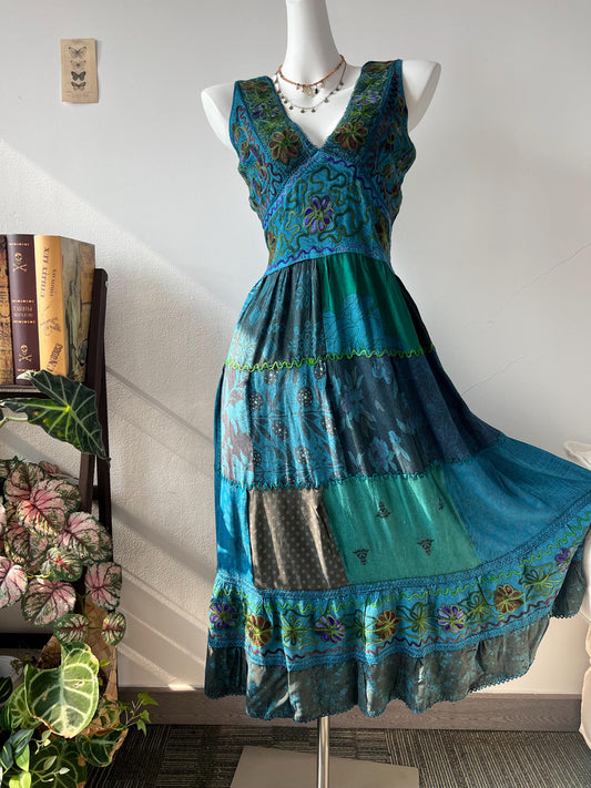 Handmade Bohemian Patchwork Maxi Dress with Floral Embroidery and Lace Trim - Teal Blue Green Boho Summer Dress, Unique Women's Clothing