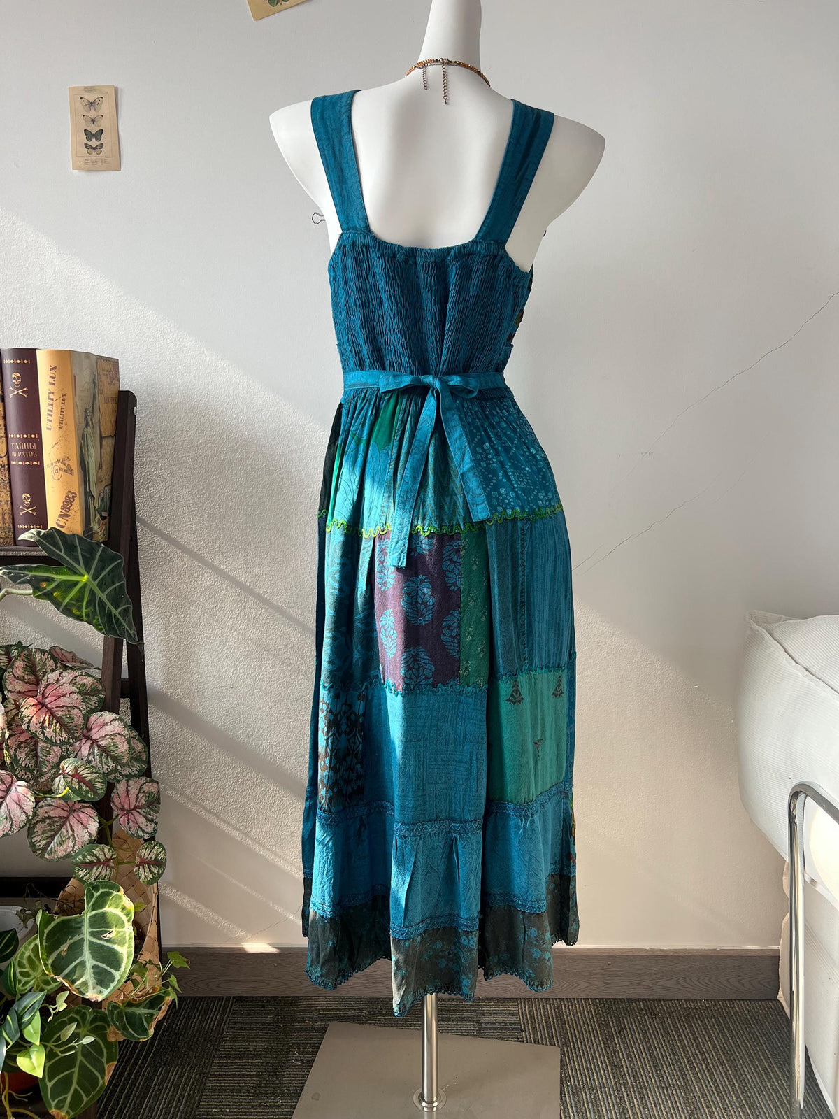 Handmade Bohemian Patchwork Maxi Dress with Floral Embroidery and Lace Trim - Teal Blue Green Boho Summer Dress, Unique Women's Clothing