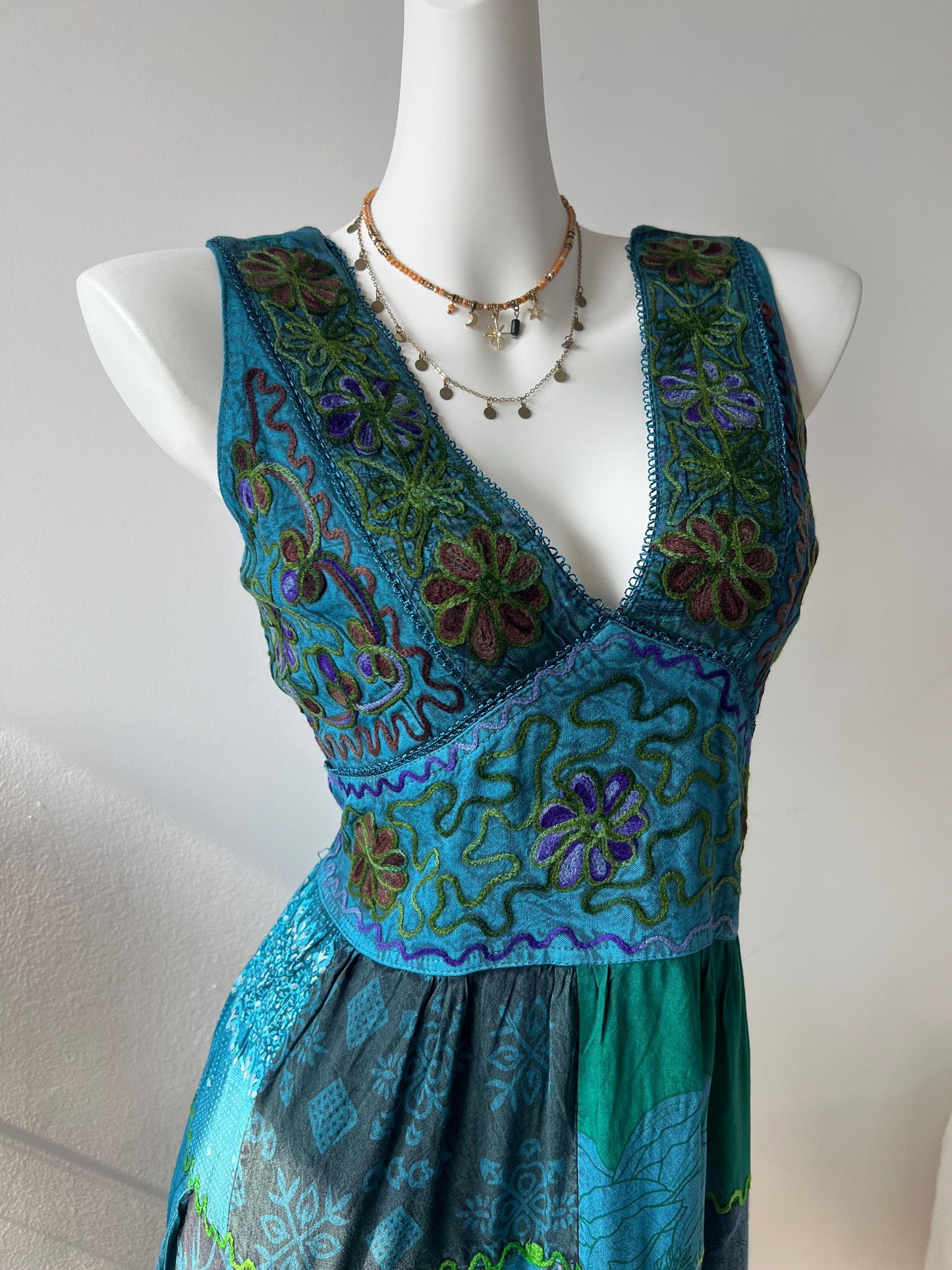 Handmade Bohemian Patchwork Maxi Dress with Floral Embroidery and Lace Trim - Teal Blue Green Boho Summer Dress, Unique Women's Clothing