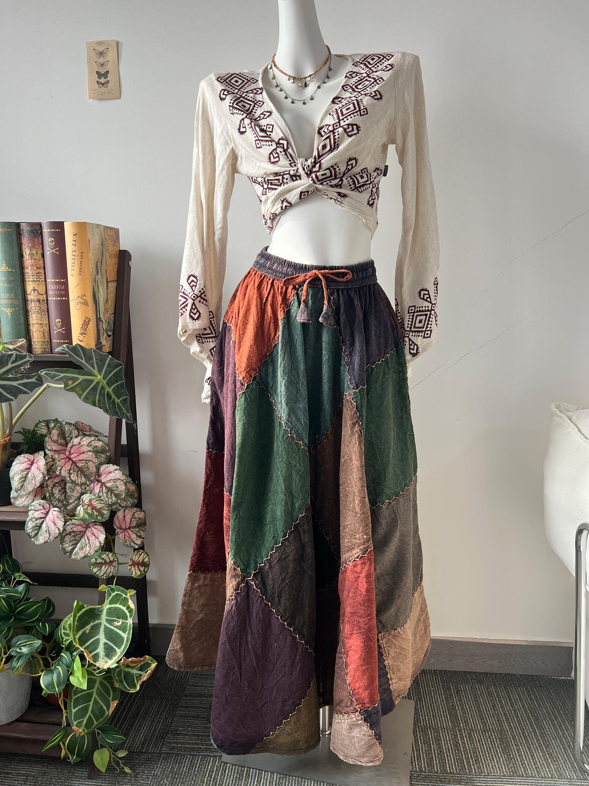 Handmade Patchwork Cotton Maxi Skirt with Adjustable Elastic Waist and Side Pockets, Flowy Maxi Skirt, Boho Long Skirt