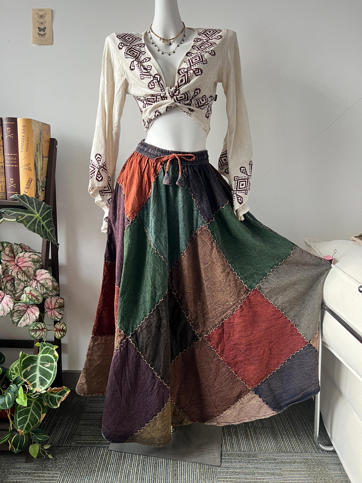 Handmade Patchwork Cotton Maxi Skirt with Adjustable Elastic Waist and Side Pockets, Flowy Maxi Skirt, Boho Long Skirt
