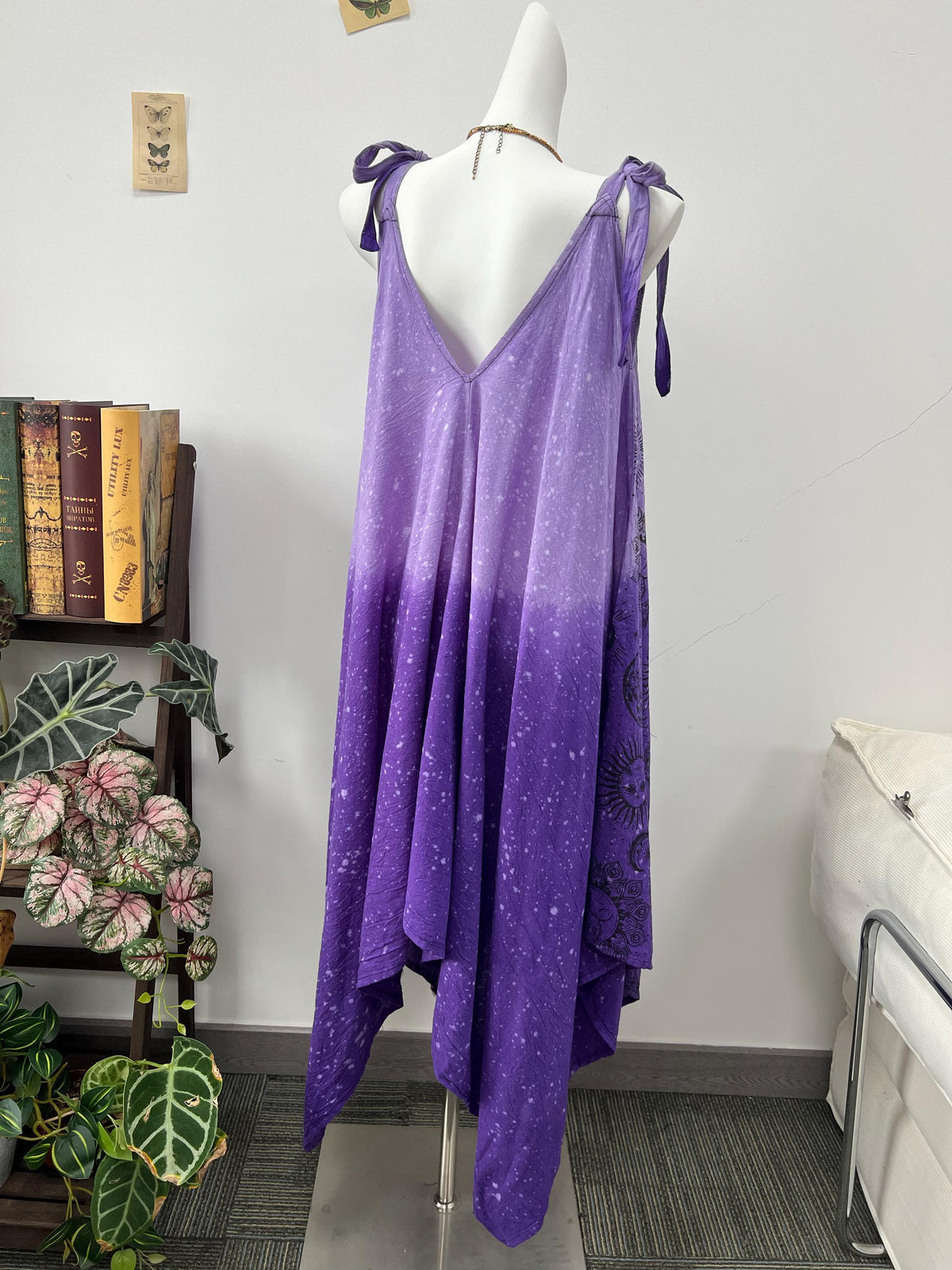 Handmade Boho Dress with Sun and Moon Print - Adjustable Maxi Dress - 100% Cotton Vintage Style Women's Summer Dress with Asymmetrical Hem