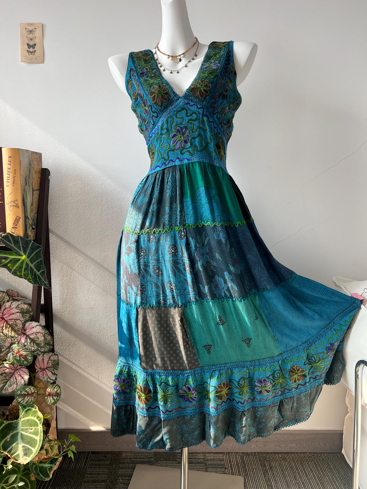 Handmade Bohemian Patchwork Maxi Dress with Floral Embroidery and Lace Trim - Teal Blue Green Boho Summer Dress, Unique Women's Clothing